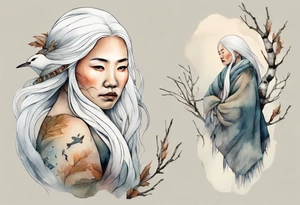 a solitary Inuit woman with long white hair holding onto a birch branch tattoo idea