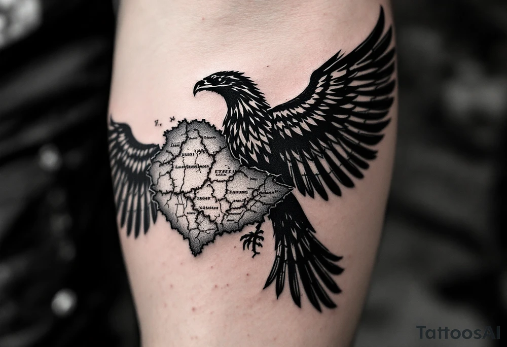 A detailed black eagle in flight, with its wings partially merging into a faded vintage-style map of the Czech republic. The borders of the region are highlighted in deep red, symbolizing history and unity. tattoo idea