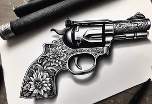 Western pistol with western filigree and floral or succulent accents for forearm sleeve tattoo idea