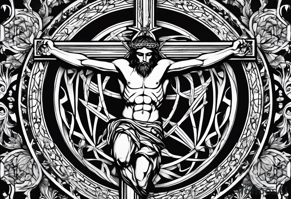 Crucified man in rom
an numerals circle tattoo idea