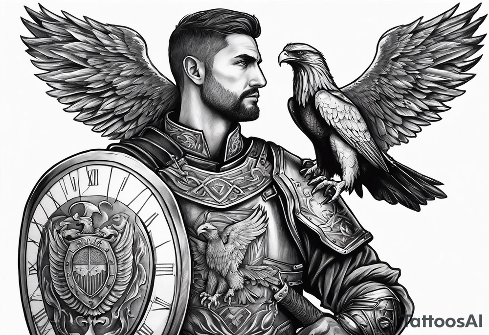 Serbian knight holding a shield with the Serbian eagle in the shield with a clock behind him tattoo idea