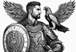 Serbian knight holding a shield with the Serbian eagle in the shield with a clock behind him tattoo idea