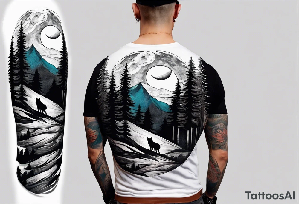 Half sleeve from shoulder
Peaks of mountains with a moon behind it
Dark woods below the mountains with a narrow trail with two wolves on bottom of the trails tattoo idea