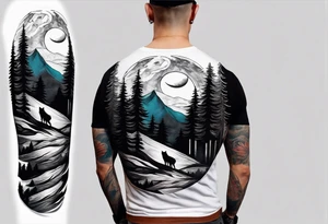 Half sleeve from shoulder
Peaks of mountains with a moon behind it
Dark woods below the mountains with a narrow trail with two wolves on bottom of the trails tattoo idea