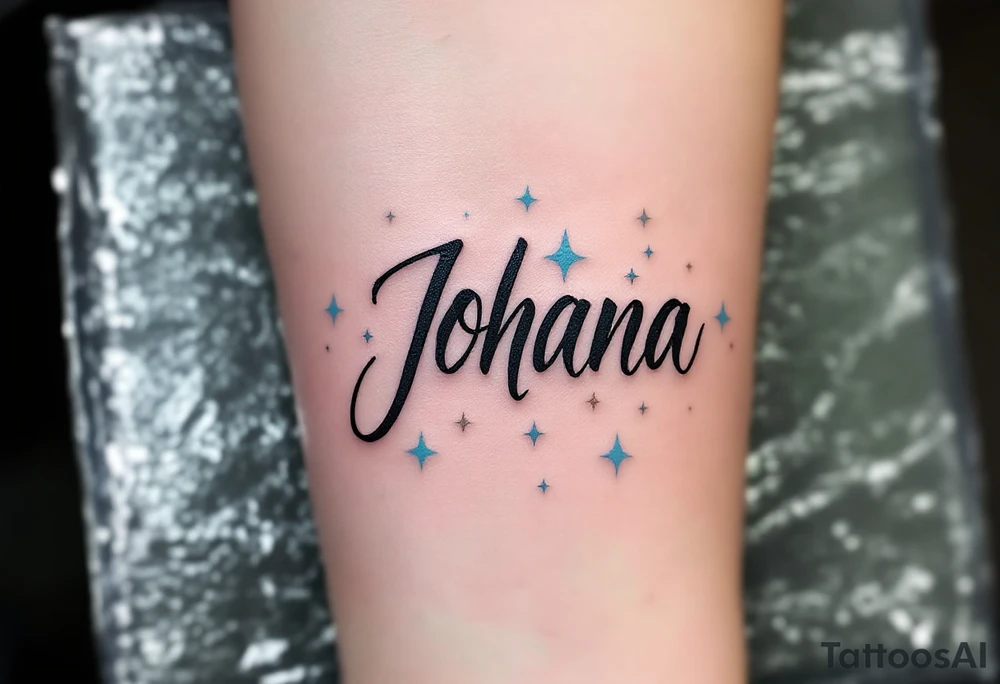 Johana scripted in a whimsical style, accented with whimsical stars in silver and light blue. tattoo idea
