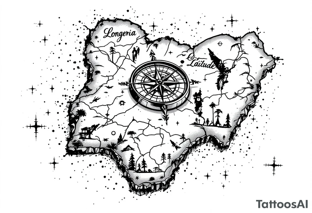 Compass on the back of the palm in the shape of Nigeria with longitude written on the top and latitude written on the bottom. Draw lines from a treasure map connecting from the arm to the tattoo tattoo idea