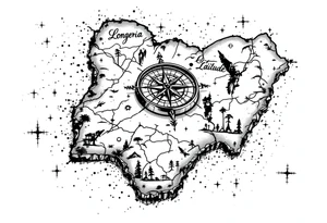 Compass on the back of the palm in the shape of Nigeria with longitude written on the top and latitude written on the bottom. Draw lines from a treasure map connecting from the arm to the tattoo tattoo idea