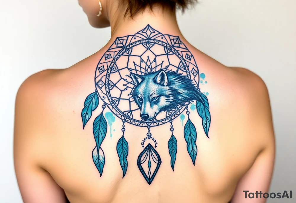 Dreamcatcher with zodiac symbols and protection runes caught in it with wolf teal tattoo idea