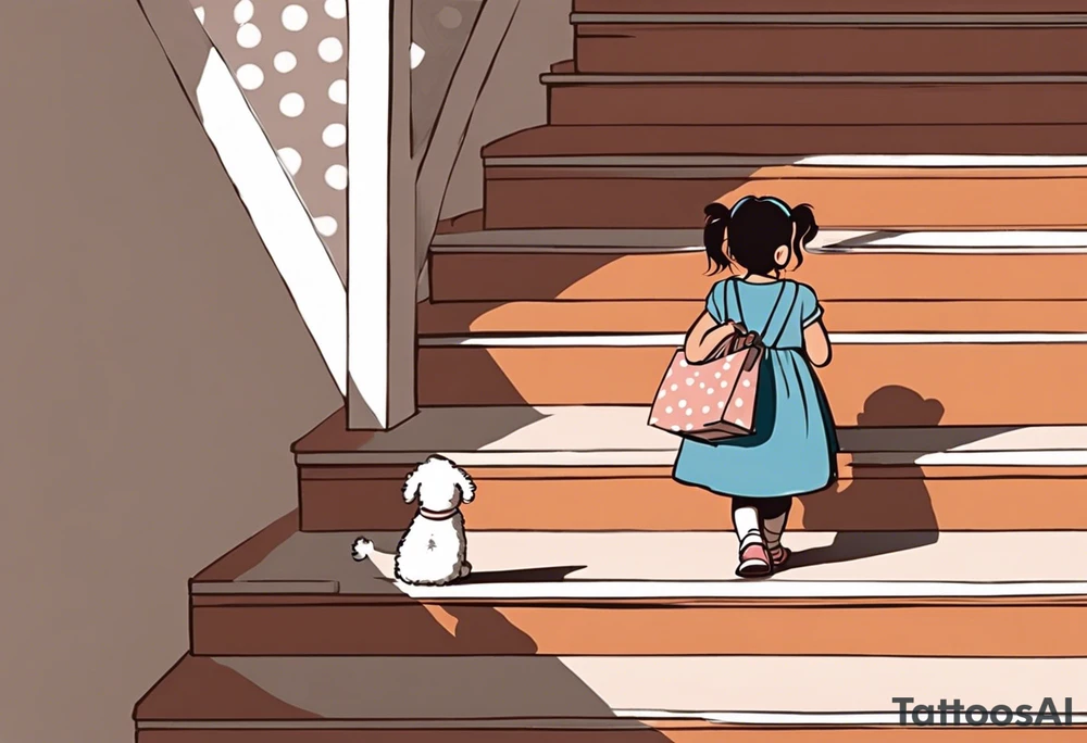 5 year old girl. Facing away and walking up steps which look like large books. The binding of the books being the front of the stairs. The girl has her hair partially up, with a bow securing her hair. She's wearing a puffy a-line, polka dot dress. In one hand, she's holding the arm of a stuffed dog, in the other she hold the hand of someone who's arm slowing disappears. tattoo idea
