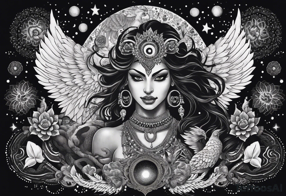 black kali, goddess pirate, alien, angel, pachamama, valkrye, warrior, flying, skull, lotus azul, wing, eagle, zenza resonance, stars, 5D, anahata chakra, death, durga, riding on a tiger, flying lady, kundalini, chest tatoo, samuri, rebel, serpent tattoo idea