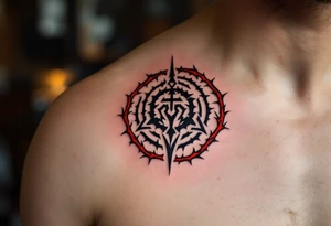 A black protective sigil on parchment-toned skin, encased in a circle of red thorns. tattoo idea