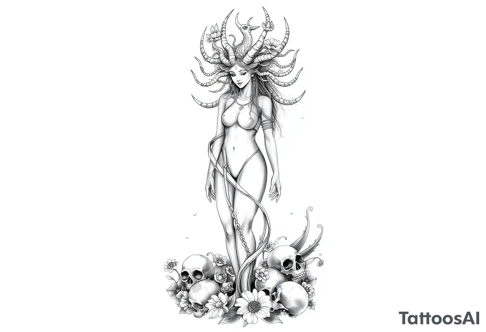 Ethereal Medusa standing. She is beautiful and feminine. She is a phoenix rising from fire and ash. Surrounded by flowers and standing around skulls. Incorporate the phoenix and fire into the Medusa tattoo idea
