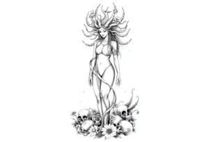 Ethereal Medusa standing. She is beautiful and feminine. She is a phoenix rising from fire and ash. Surrounded by flowers and standing around skulls. Incorporate the phoenix and fire into the Medusa tattoo idea