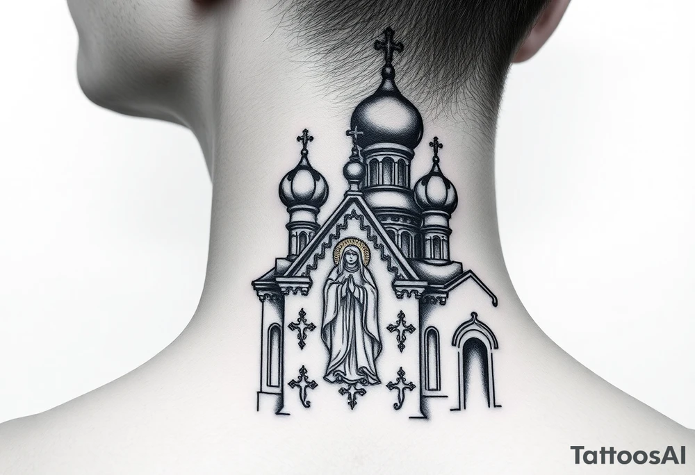 medium sized Russian orthodox church with bulb domes with a prominent russian orthodox style virgin mary stood tattoo idea