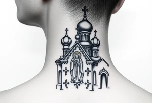 medium sized Russian orthodox church with bulb domes with a prominent russian orthodox style virgin mary stood tattoo idea
