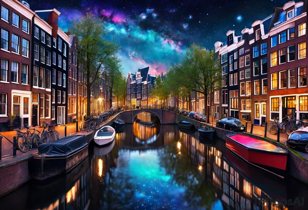 Animals and wildlife under canal in Amsterdam with Amsterdam houses filled with animals and wildlife in space featuring galaxy colours tattoo idea