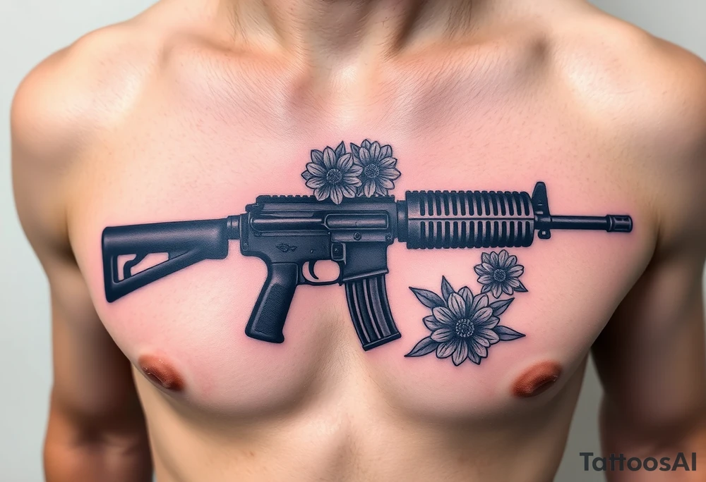 ak 47 black silhouette with floreal details tattoo idea