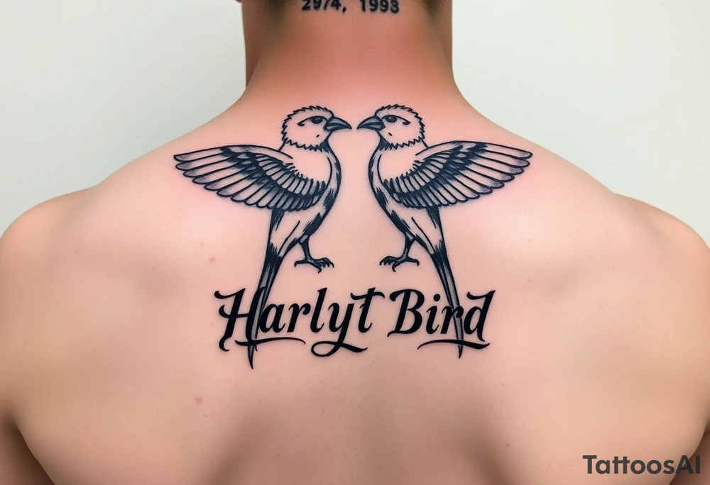 Zodiac Sagittarius signs of both individuals as a couple names being Harley and Guy bird combined lettering meaning Harley bird tattoo idea