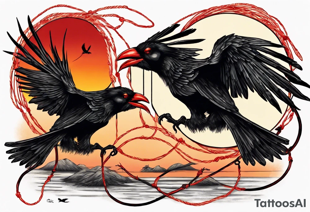 Two black crows flying into the sunset as they carry one long red string between them. tattoo idea