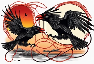 Two black crows flying into the sunset as they carry one long red string between them. tattoo idea