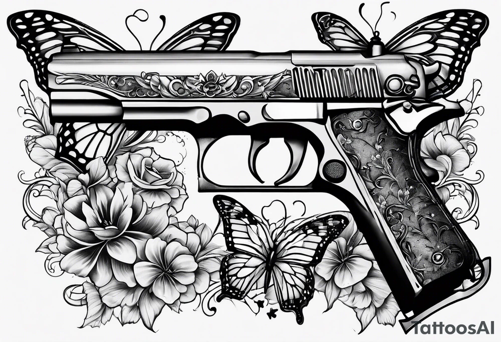 Small Gun and butterflies tattoo idea