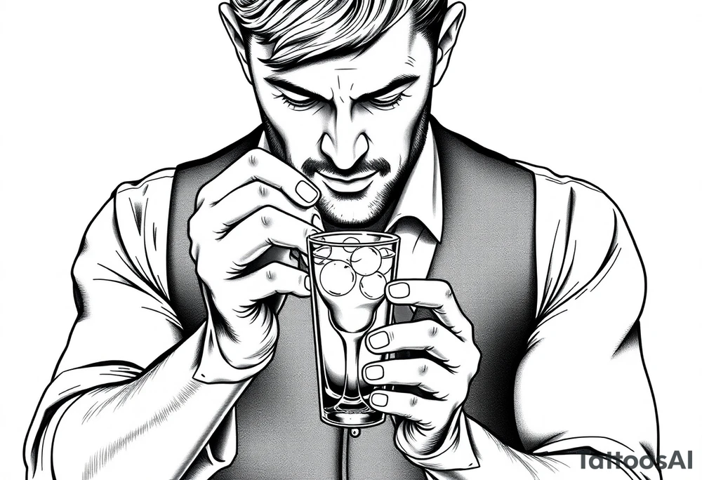 A bartender preparing a cocktail in a shaker, only it is a molotov cocktail. Ideally I would like the bartender to have Gaetano Bresci's face. It should be drawn in an old school style. tattoo idea