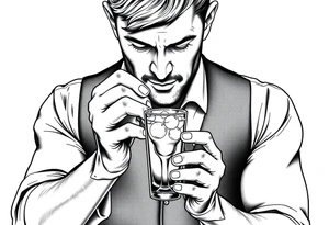 A bartender preparing a cocktail in a shaker, only it is a molotov cocktail. Ideally I would like the bartender to have Gaetano Bresci's face. It should be drawn in an old school style. tattoo idea