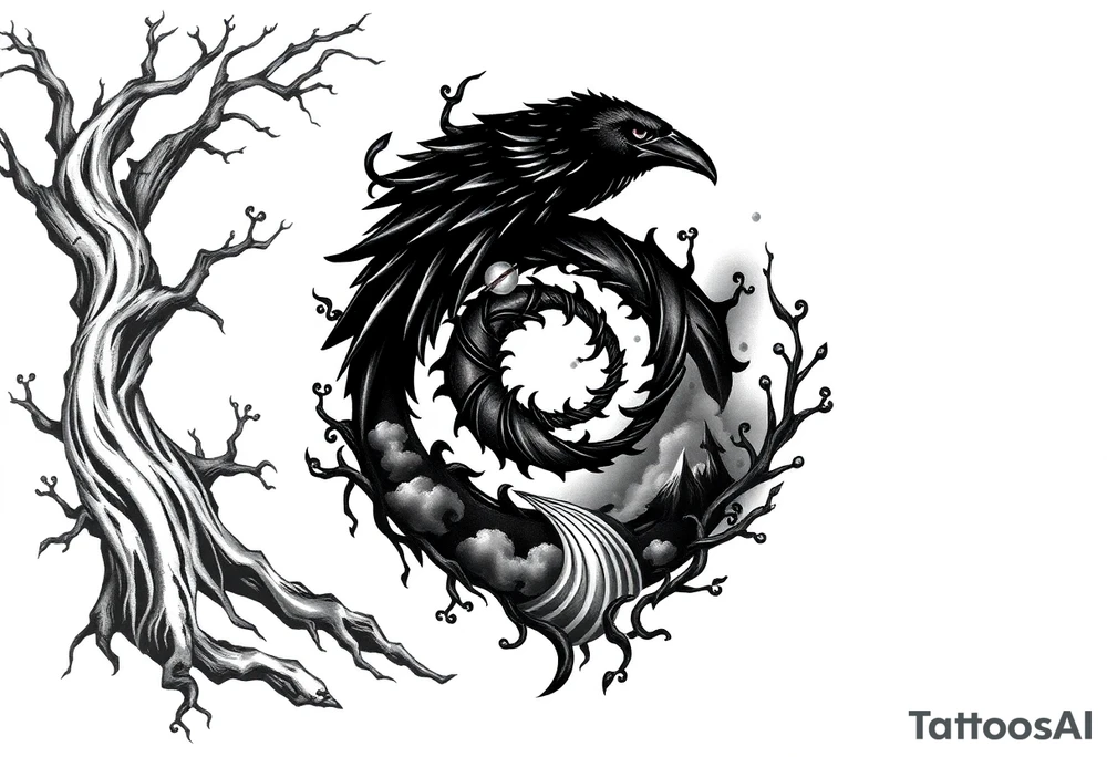 Tattoo design combining a black spiral, nature elements like roots, vines, fog, and flowing water, mythological symbols like Norse runes, a raven, and a shadowy wolf spirit. Include anime elements from Naruto and One Piece: Sharingan eye, chakra flames, Itachi silhouette, Kurama, Luffy in Gear 5, and Zoro’s swords. Style should be black and grey with red highlights, mystical, powerful, and artistic – blending nature, mythology, and anime tattoo idea