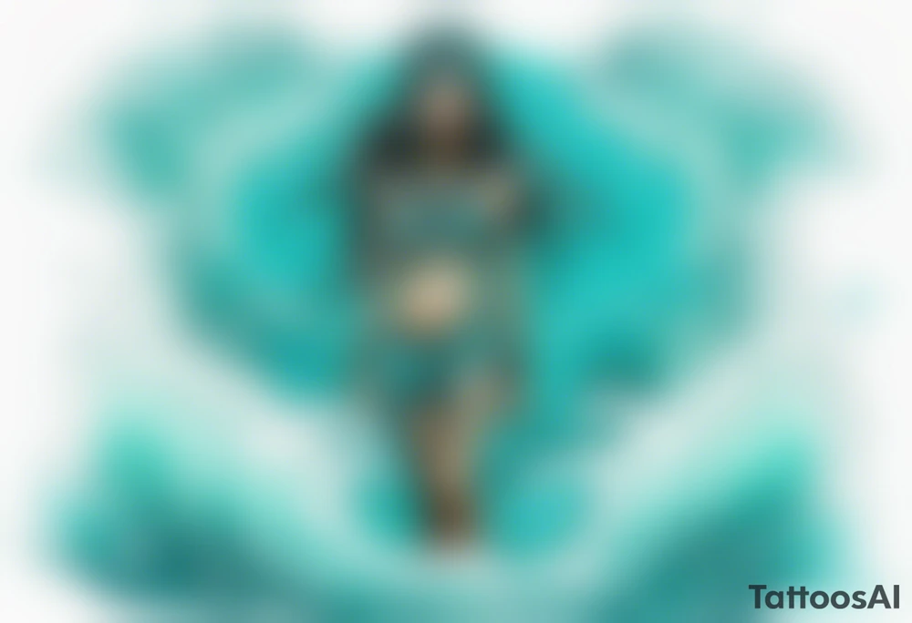 a turquoise Na'vi woman standing in the sea with water for legs surrounded by crashing waves tattoo idea