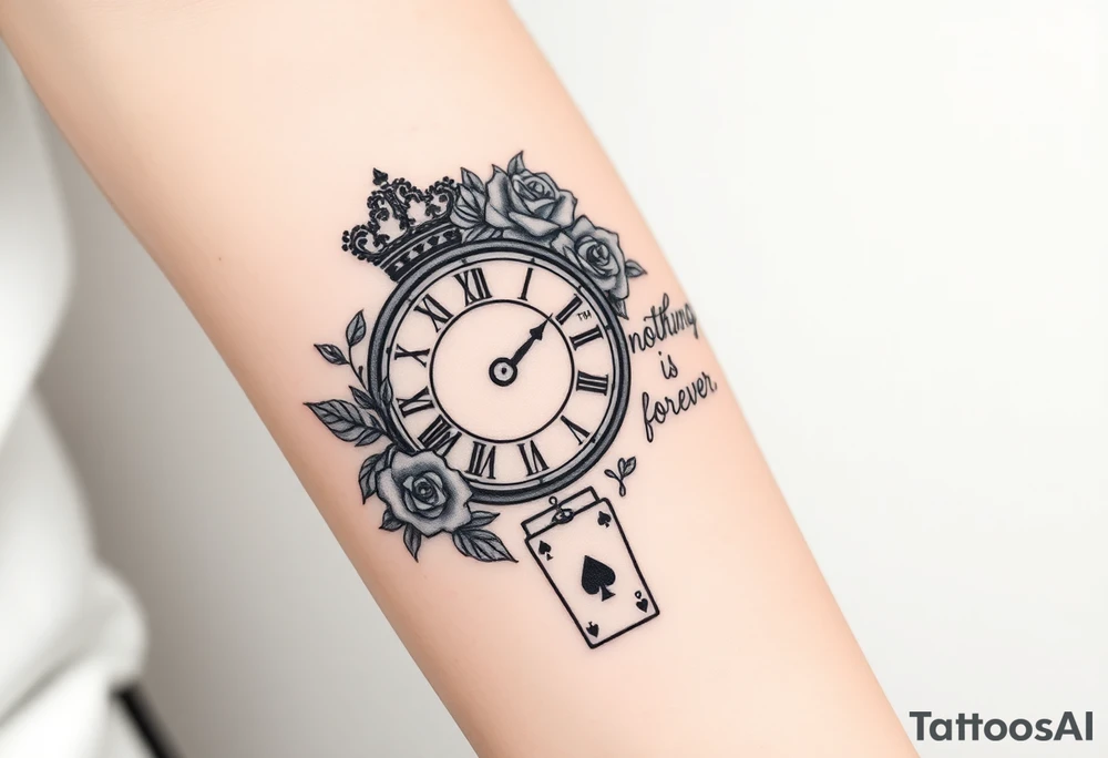 Roman clock with roses and a crown, a quote that says nothings forever. and on the bottom a deck of cards tattoo idea