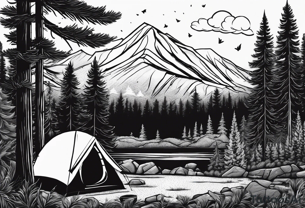 Campground with onr small tent and small fire pit with smoke billowing out of it. Forest of trees surrounding it with three large pine trees being the focus in the background. tattoo idea