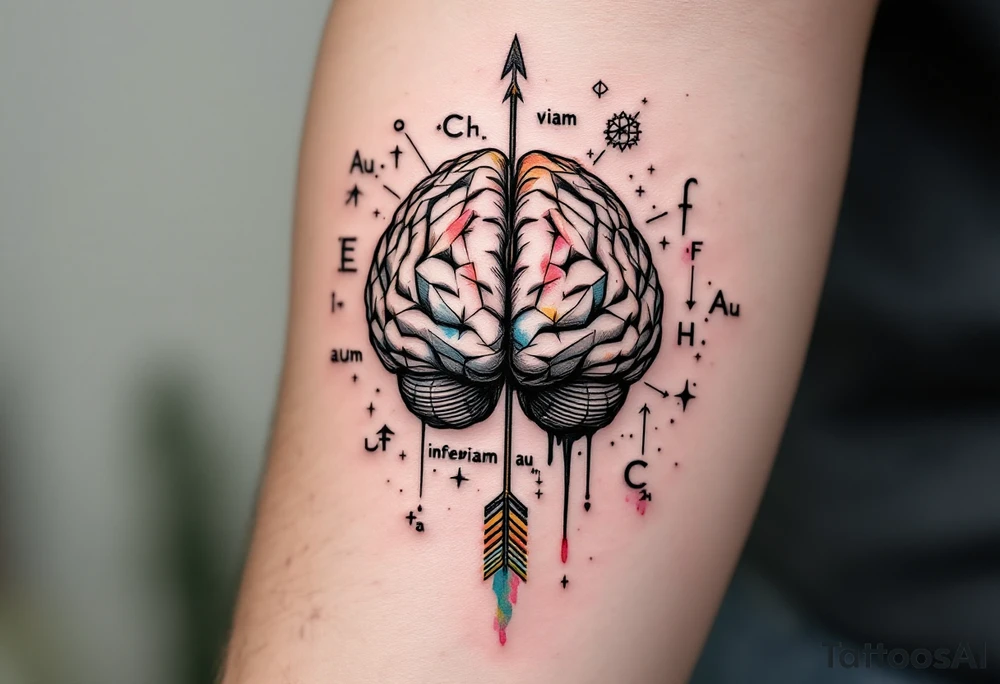 A front-seen brain in geometric and straight lines, with few watercolor details but mostly black, physics and chemical symbols arround, the phrase "Aut inveniam viam aut faciam" and a detailed arrow crossing from above with watercolors leaking from its tip tattoo idea