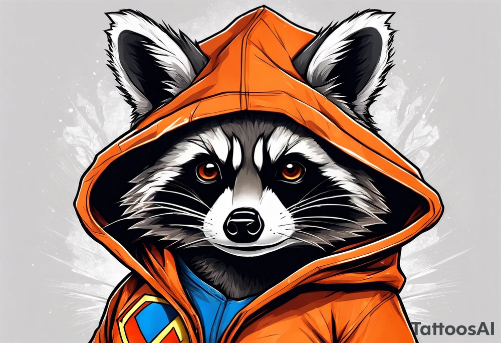 Raccoon wearing an orange Superman hoodie tattoo idea