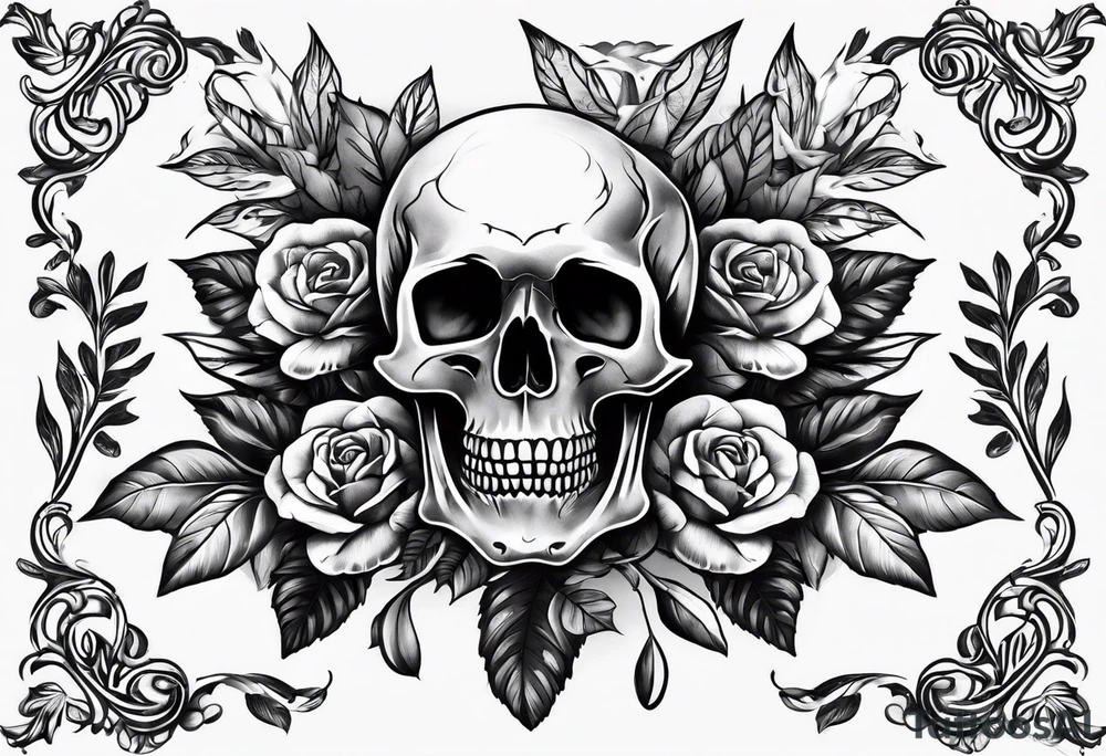 Skull and bones with leafs forearm tattoo idea Skull and bones with leafs forearm tattoo idea
