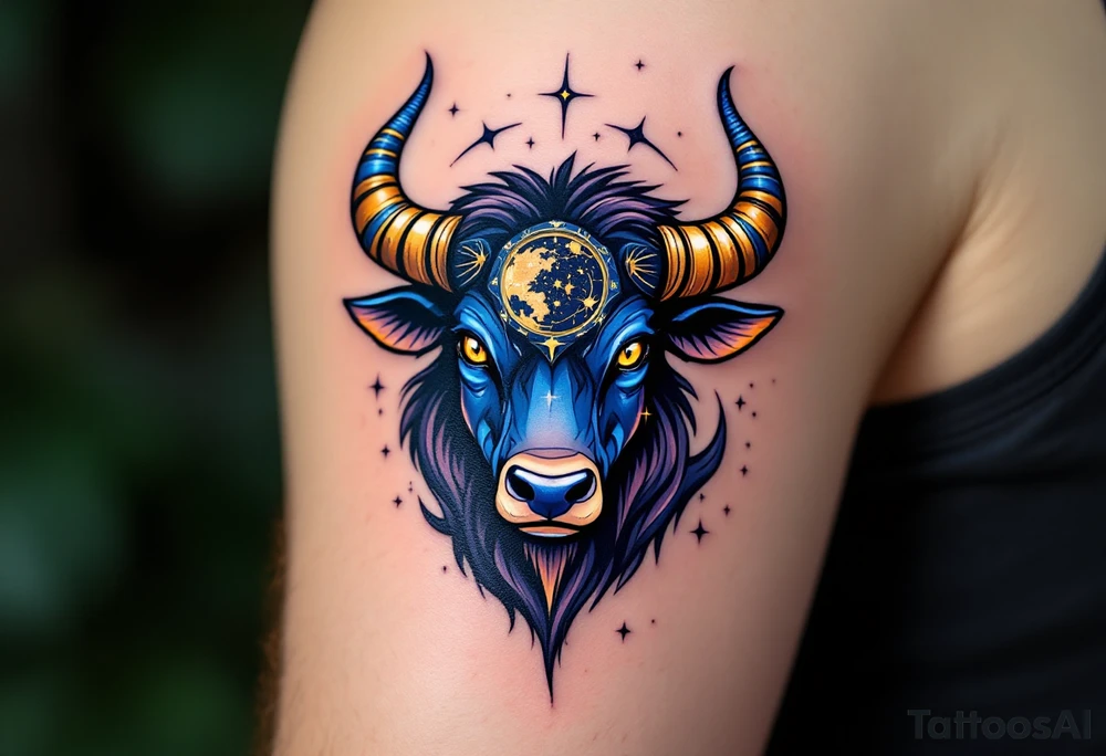 Like a cosmic guardian, Taurus watches with ochre eyes and glowing indigo horns and taurus star constellation anchors the spring sky. tattoo idea