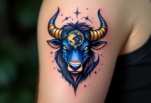 Like a cosmic guardian, Taurus watches with ochre eyes and glowing indigo horns and taurus star constellation anchors the spring sky. tattoo idea