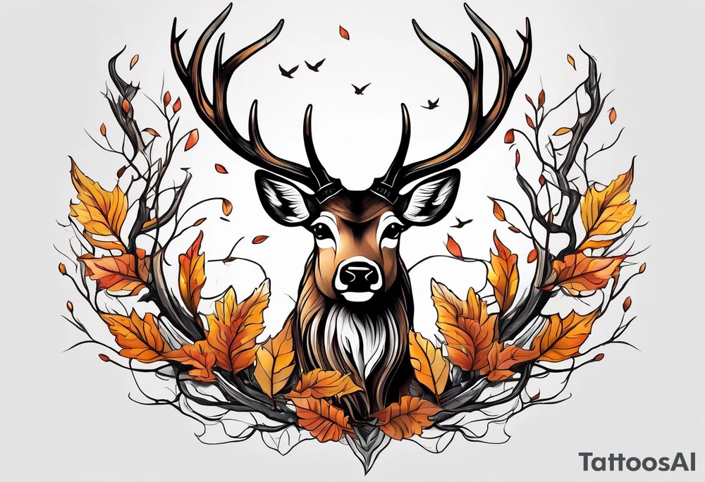 deer antlers flying away in leaves tattoo idea