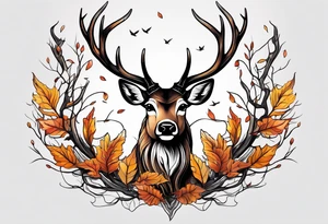 deer antlers flying away in leaves tattoo idea