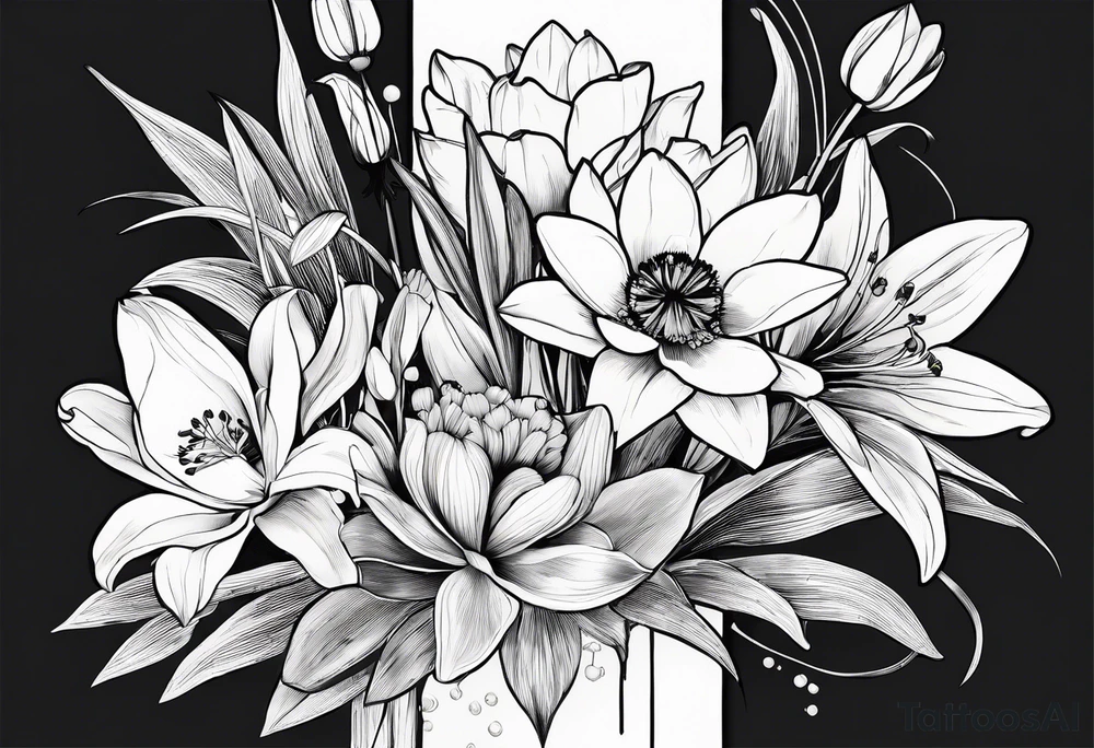 A minimalist line work bouquet of flowers with a water lily, gladiolus, poppy, lily of the valley, daffodil, and a honey suckle. With long stems and tied with a bow tattoo idea