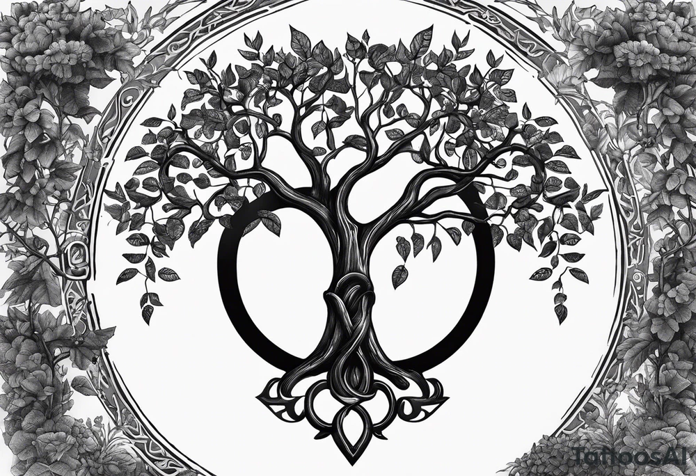 the roman numeral 4 surrounded by a tree of life. a small apple in the tree.  the roots of the tree have a roman numeral 1, 2 and 3 within them. its a tattoo for my left shoulder. tattoo idea