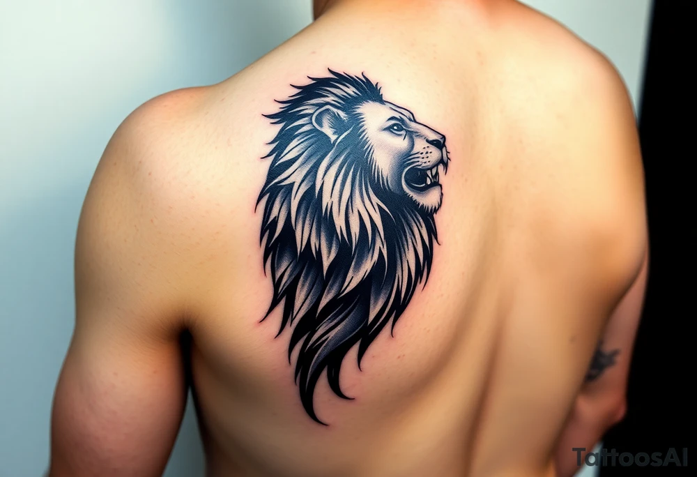 Show on a man's arm. Create a men's half-sleeve tattoo featuring a mighty, majestic lion at the top of the shoulder. tattoo idea