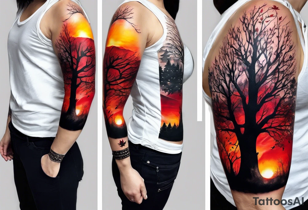 trash polka style. Arm tattoo. Long tattoo. Full sleeve. Shoulder. A single large maple tree with red autumn leaves that branches upwards from wrist to shoulder. White-throated dipper bird on the trees branches. Calluna flowers at the base of the trees stem. Tree stem has dark colors. Red/yellow sunset behind the trees stem. Leaves falling. tattoo idea