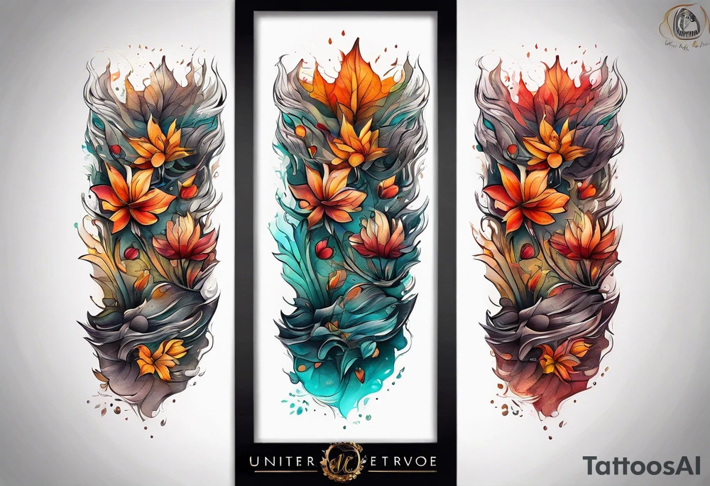 Knee tattoo in fall colors with water flow washes tattoo idea