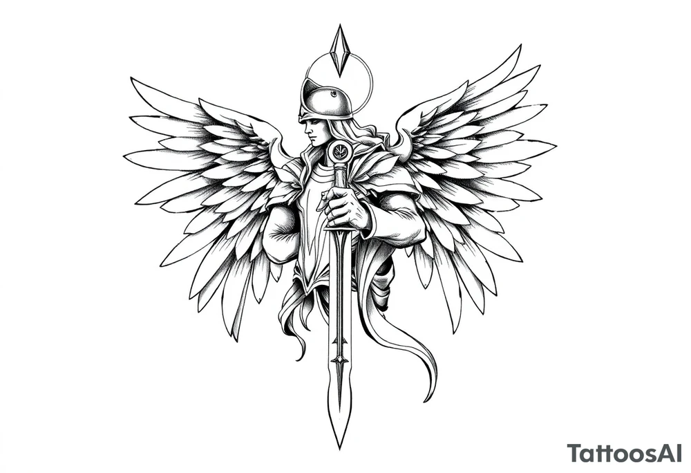 Holy Archangel, Biblical, Christianity, Hebrew, Guards of Christianity, Holding a sword, having six wings, wearing helmet, halo, seraphim, seek justice, walk only with God tattoo idea