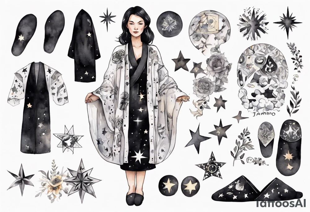 a middle-aged black-haired woman dressed in a black and white Nordic robe, wearing black slippers, surrounded by stars tattoo idea