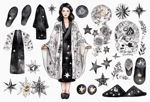 a middle-aged black-haired woman dressed in a black and white Nordic robe, wearing black slippers, surrounded by stars tattoo idea