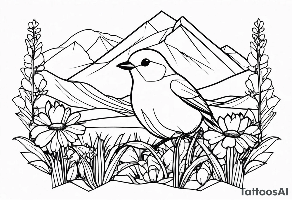 Geometric small bird outline sitting in grass and daisys with mountains in the background tattoo idea