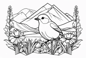 Geometric small bird outline sitting in grass and daisys with mountains in the background tattoo idea