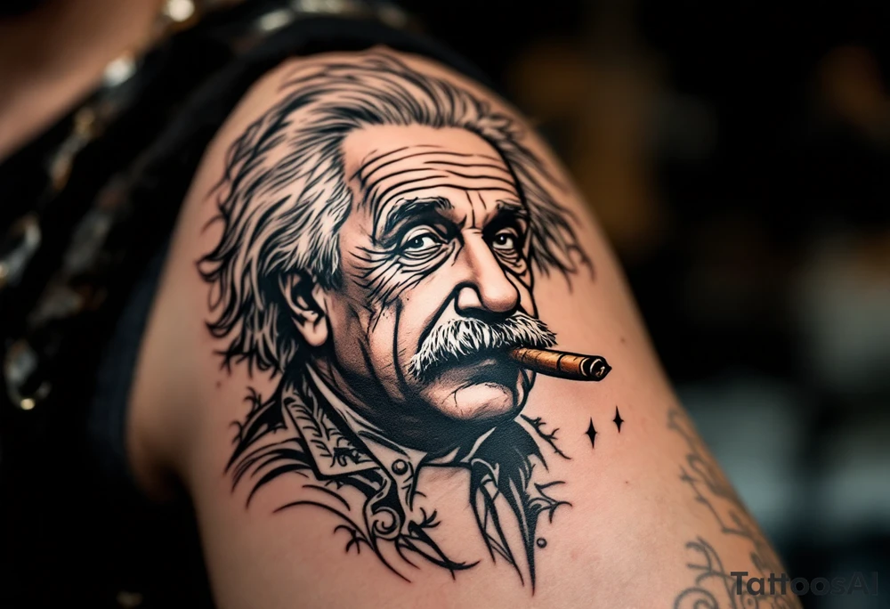 Albert einstein smoking a cigar with tattoos on him. tattoo idea
