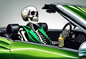 A skeleton, smoking a cigarette and throwing a beer can while driving a green convertible 1976 Corvette tattoo idea